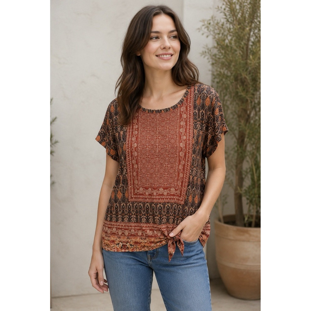 Lucky Brand Women M Boho Mixed Print Tie Front Cotton Modal Rust Orange
